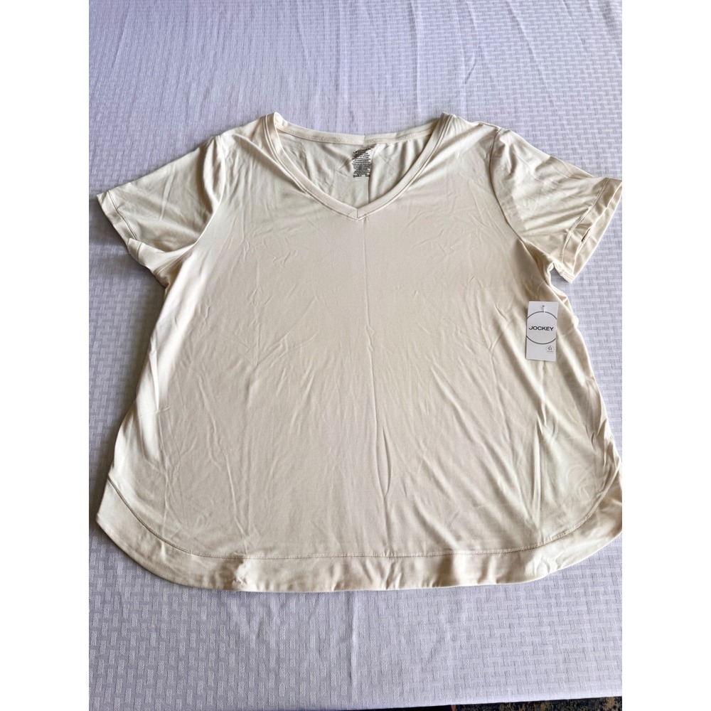 Jockey Womens V-Neck Tee Cream Beige 2X Modal Blend Stretch Curved Hem NWT
